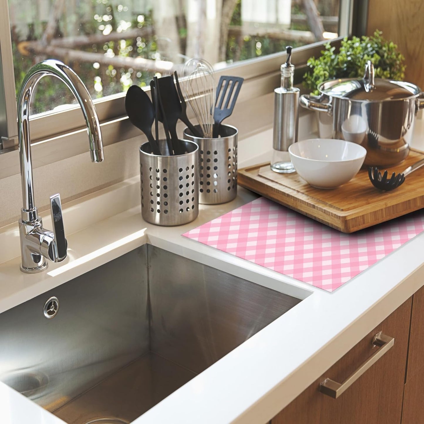 Pink White Checkered Dish Drying Mats 18x24 Inch, Dish Pad Drying Rack Mat for Kitchen Counter Ultra Absorbent Microfiber Dishware Coffee Maker Bar Countertop Decor