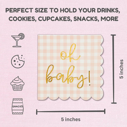 Cloverjoyed 'Oh Baby' Pink Baby Shower Decorations for Girls, Pink Plaid Oh Baby Napkins, Gingham Scalloped It's a Girl Decor, 1st Birthday, Welcome Home, Sprinkles, Pregnancy Announcement, 50 Pack