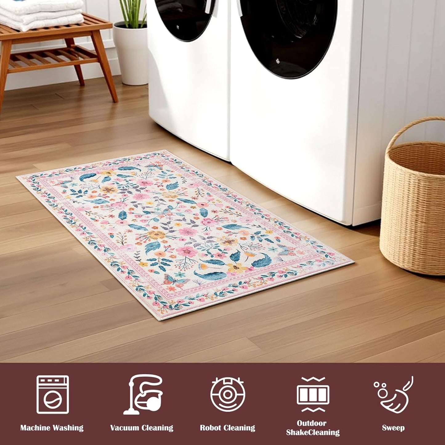 Terrug 5x7 Pink Floral Area Rug for Living Room,Boho Machine Washable Ultra-Thin Rugs with Non-Slip Blacking for Bedroom,Large Flower Carpet for Dining Room Playroom Floor Decor