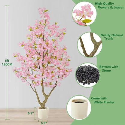 Warmplants 6ft Artificial Cherry Blossom Tree, Fake Sakura Pink Flower Plant in White Planter, Faux Blooming Trees for Home Office Wedding Entryway Décor
