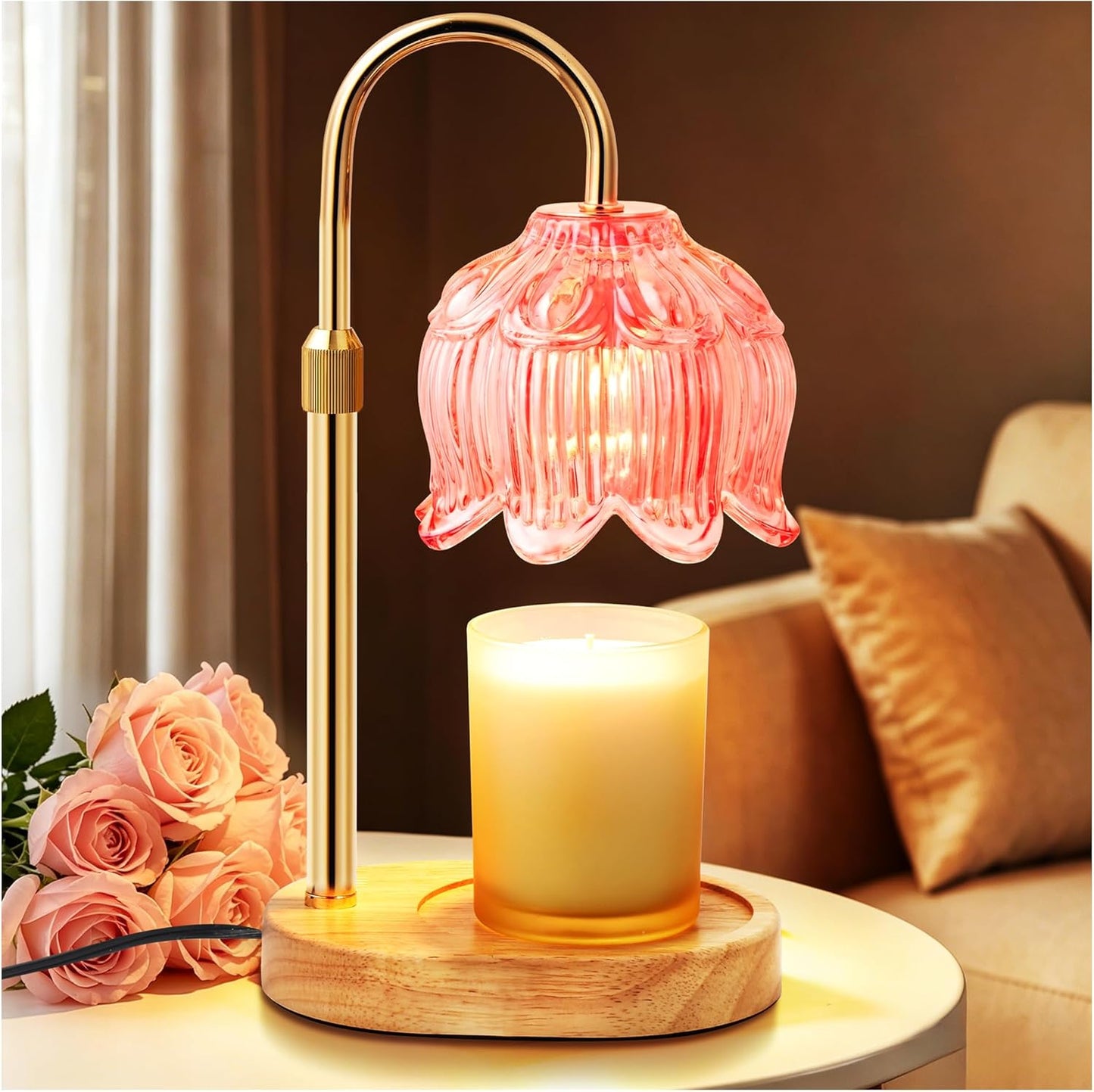 Flower Candle Warmer Lamp for Jar Candles with Timer & Dimmer, Adjustable Height Fits Large Jars up to 7.08" Tall, Flameless Wax Warmer, Cozy Bedroom Home Decor, Gift for Mom Women,Pink