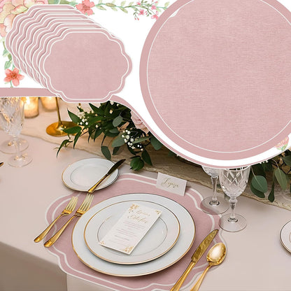 Breling 6 Pcs Pink Wedding Placemats Scalloped Embroidered Cotton Linen Placemats 17" x 13" Double Layered Machine Washable Table Place Mat for Party Table Decor (Cotton)