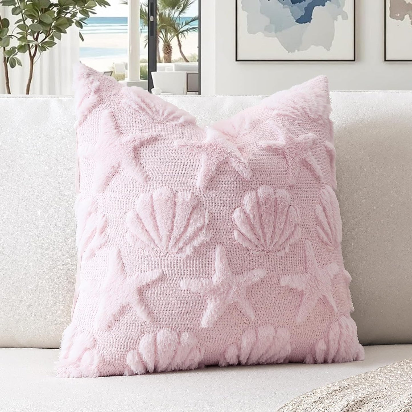 OTOSTAR Shell Starfish Throw Pillow Cover Set of 1 Beach Seaside Cushion Cover for Sofa 16x16 Inch Square Spring Summer Soft Plush Short Wool Velvet Pillowcase Holiday Decor Pink