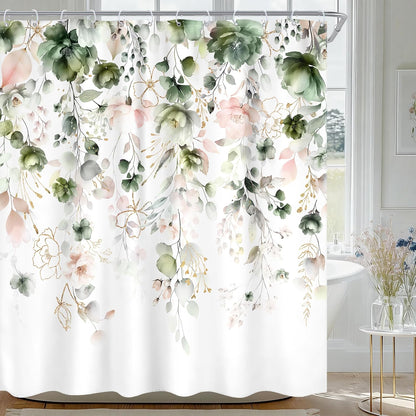 Green Pink Floral Flower Shower Curtain 72Wx72L Inch Spring Summer Rustic Eucalyptus Leaves Pastel Wildflower Plant Botanical Pretty Bathroom Set Bath Curtain Bathtub Accessories Home Decor