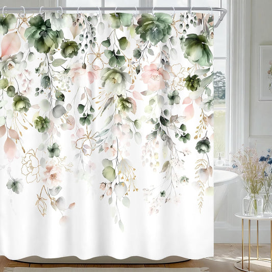 Green Pink Floral Flower Shower Curtain 72Wx72L Inch Spring Summer Rustic Eucalyptus Leaves Pastel Wildflower Plant Botanical Pretty Bathroom Set Bath Curtain Bathtub Accessories Home Decor