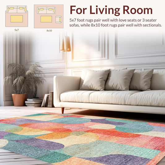 Flatwoven High Traffic Area Rug 4x6, Peculiar Reptilian Pastel Non Ledger Abstract Design, Non Slip, Stain Resistant, Washable Area Rugs for Living Room, Bedroom (Peach, 4x6)