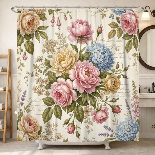 Peony Shower Curtain, Vintage Floral Rose Hydrangea Spring Pastel Peach Waterproof Fabric Toile Cloth Shower Curtains for Bathroom Bathtub Apartment Decor 72x72 Inch