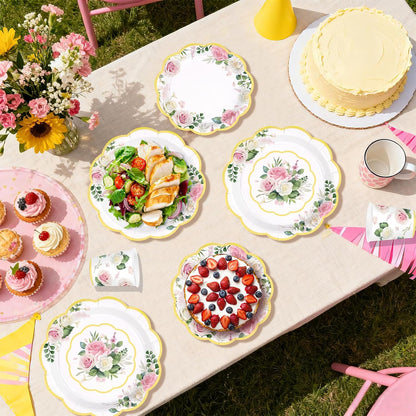 250Pcs Floral Tea Party Supplies Pink Floral Scalloped Plates Napkins Cups Pink Flower Garden Tableware Set for Spring Wedding Bridal Shower Baby Shower Garden Tea Party Decorations Serves 50