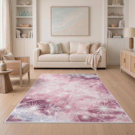 5'x7' Washable Abstract Abstract Area Rug, Pink Flatwoven Floor Covering Non-Slip Chair-Friendly Carpet for Dining Room, Under Table, Home Office | Ref:2156316