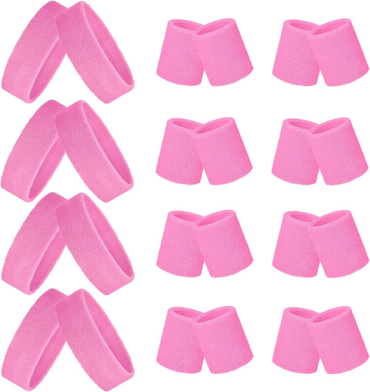 24 Pieces 80s Neon Sweatbands Set, Include 8 Sports Headbands and 16 Sweat Wristbands Elastic Athletic Tennis Sweat Bands Bulk for Man Woman