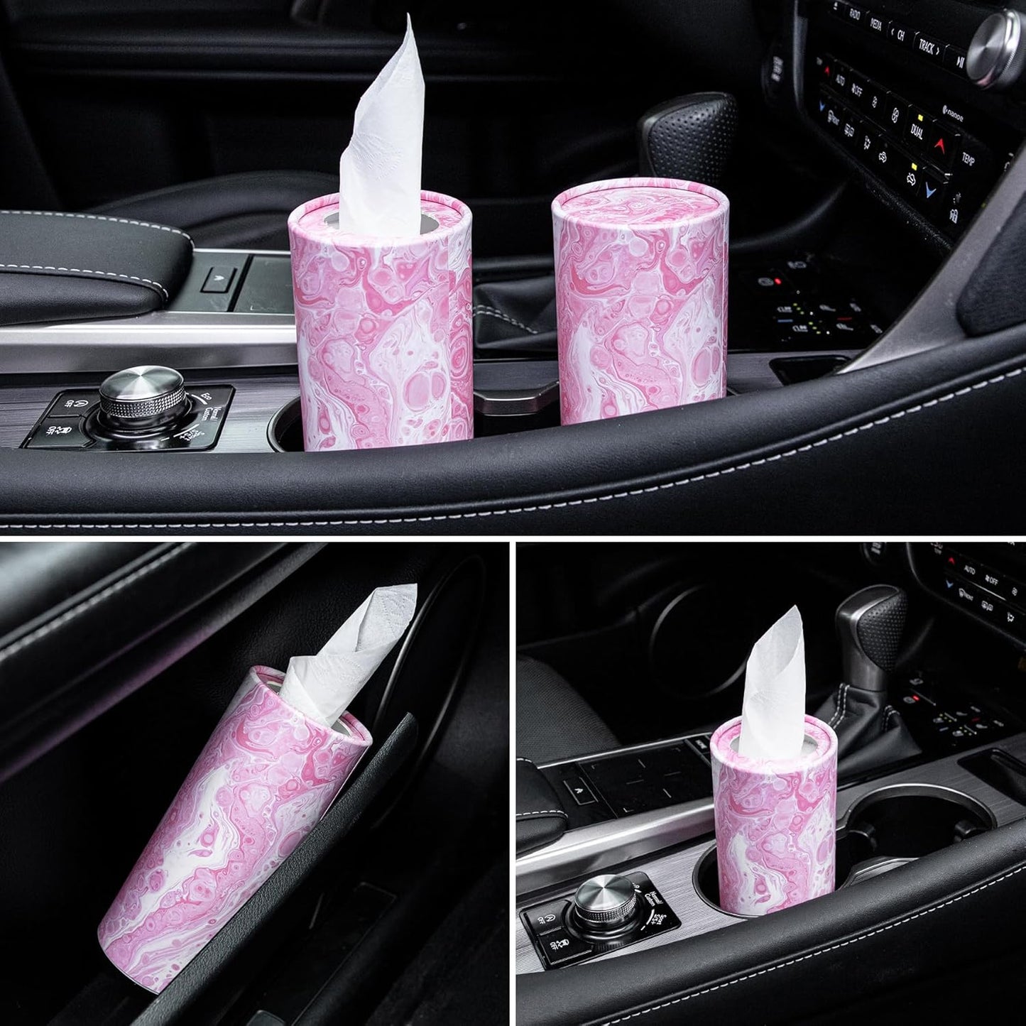SINGARO Car Tissue Holder, 4 Pack Car Cup Holder Facial Tissues with Travel Tissue Bag, Quick and Convenient Flower Combination Car Tissue Box(4 Canisters/200 Tissues) Pink