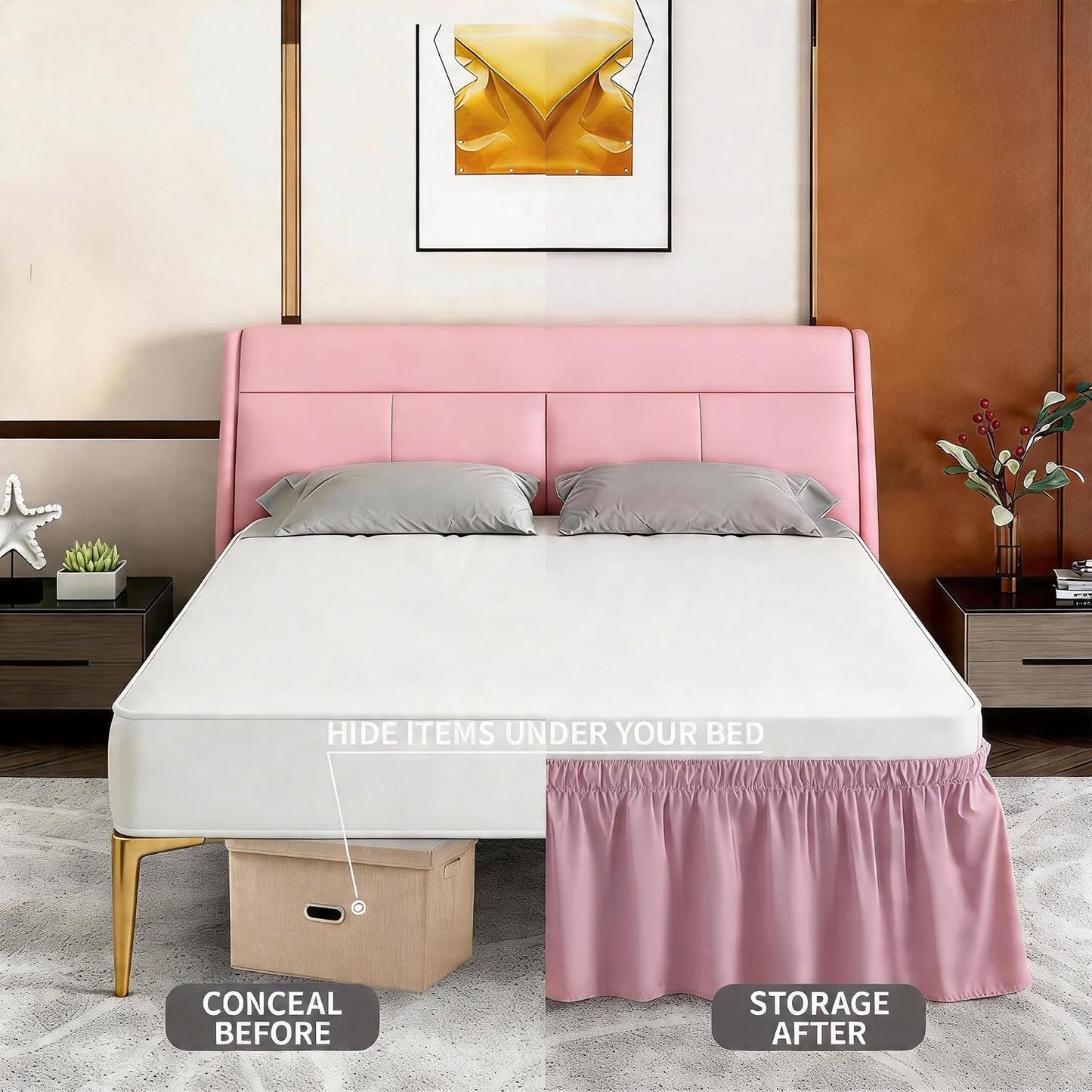 ANARACHON Full Bed Skirt, Elastic Wrap Around Bed Skirt Full Size, Bed Skirts for Adjustable Bed, Easy Fit with 14" Drop Length Tailored Drop Dust Ruffle (Pink)