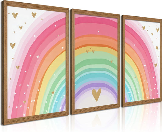 Set of 3 Framed Pastel Rainbow Wall Art, Boho Watercolor Nursery Decor Painting, Pink Nursery Posters Print for Girls Room Kids Bedroom Playroom (Wood Framed, 16x24 Inches)
