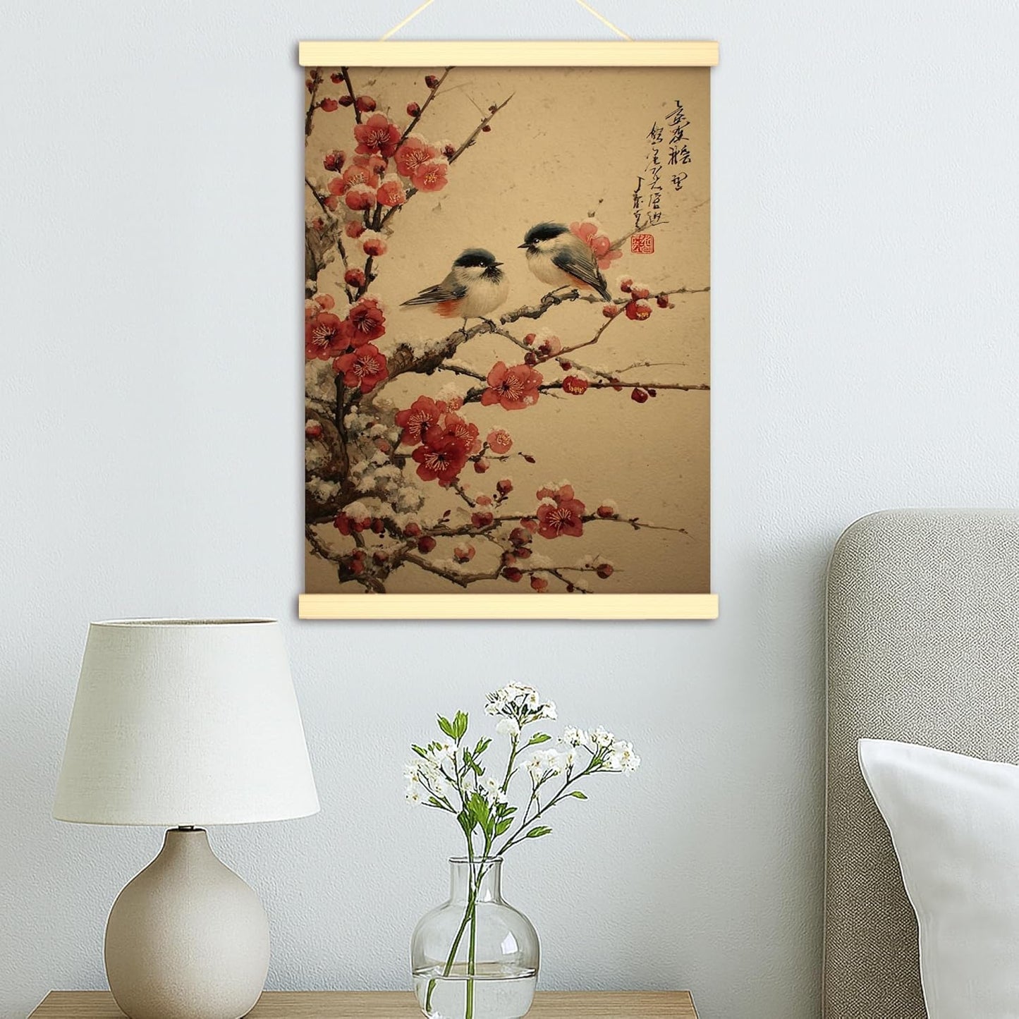Birds Canvas Hanging Poster Wall Art, Traditional Japanese Cherries Blossoms Branches Spring Peach Wall Poster Hanging with Frame Home Classroom Office Cubicle Decor 12x16 Inches