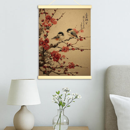 Birds Canvas Hanging Poster Wall Art, Traditional Japanese Cherries Blossoms Branches Spring Peach Wall Poster Hanging with Frame Home Classroom Office Cubicle Decor 12x16 Inches