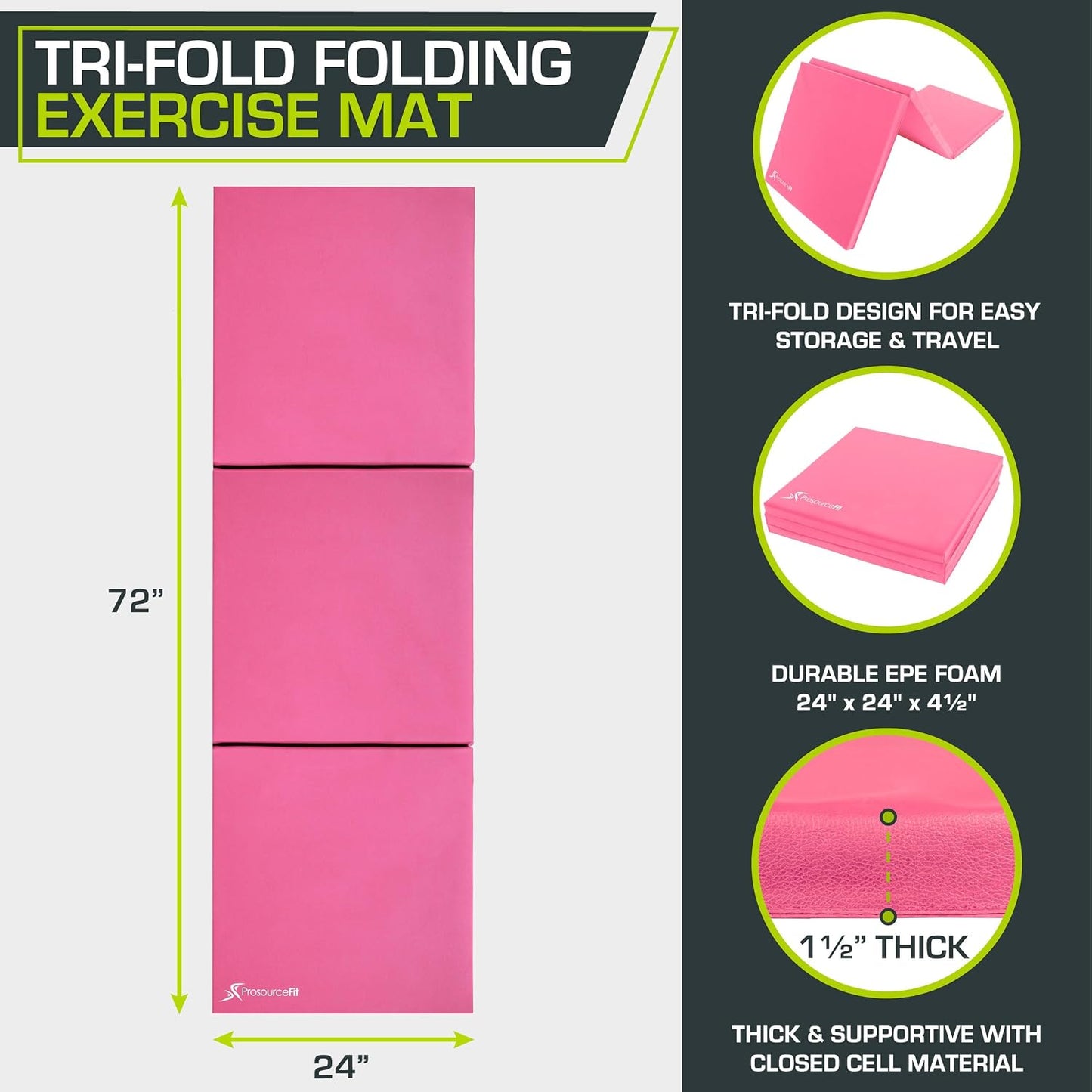 ProsourceFit Tri-Fold Folding Thick Exercise Mat 6’x2’ with Carrying Handles for MMA, Gymnastics, Stretching, Core Workouts