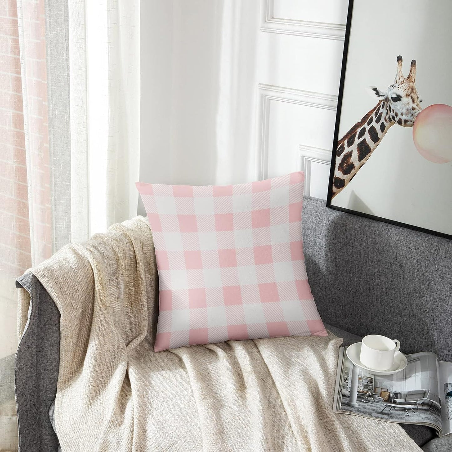 Emvency Set of 2 Throw Pillow Cover Cute Chic Pink Preppy Buffalo Check Plaid Modern Decorative Pillow Case Home Decor Square 18 x 18 Inch Pillowcase