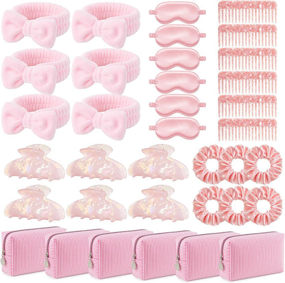 Kacctyen Pink 36 Pcs 6 Set Bridesmaid Proposal Gift, Bridal Party Gift, Cosmetic Bag Sleep Mask Scrunchie Headband Hair Claw Clip & Comb for for Wedding Shower & Bachelorette Party Favor (Strip)