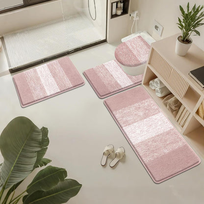 Bsmathom Bathroom Rug Set Bath Rugs Microfiber Non Slip Bathroom Set 4 Piece with Toilet Cover, Washable Absorbent Bath Mat, Pink