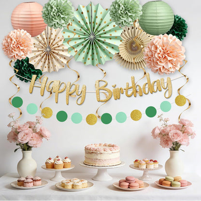 Sage Green and Peach Party Decorations, Boho Birthday Decorations for Women Girls, Baby Shower Decorations with Olive Peach Paper pom pom, Lanterns, Fans for Bridal Shower Wedding Engagement