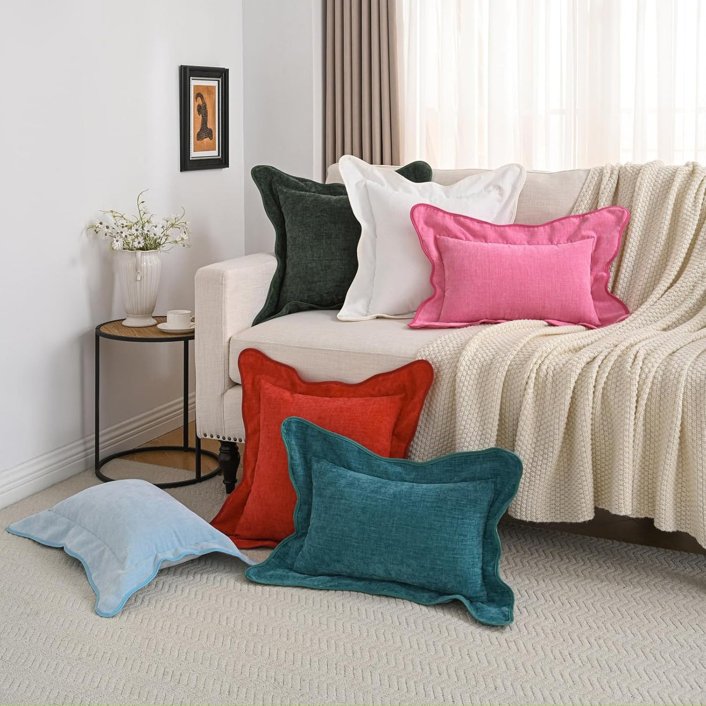 FUTEI Pack of 2 Solid Scalloped Bordered Throw Pillow Covers 18x18 Inch Soft Chenille Decorative Cushion Cases Farmhouse Accent for Couch Bed Living Room, Pink