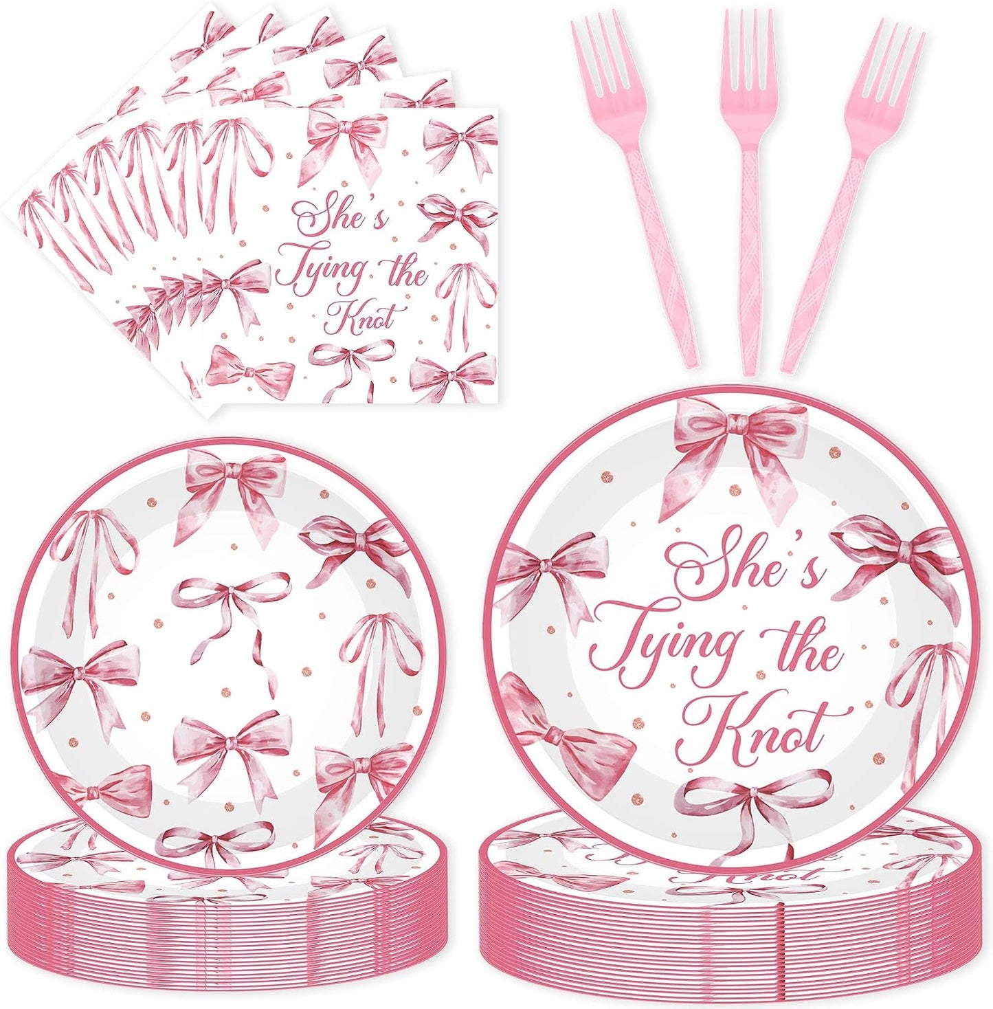 96 Pcs Shes Tying the Knot Bridal Shower Decorations, Pink Bow Themed Tableware Set with Plates Napkins Forks for 24 Guests, Bride to Be Bachelorette Party Supplies