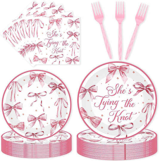 96 Pcs Shes Tying the Knot Bridal Shower Decorations, Pink Bow Themed Tableware Set with Plates Napkins Forks for 24 Guests, Bride to Be Bachelorette Party Supplies