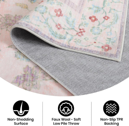 CRYPTOLITE Area Rug 4x6, Washable Faux Wool Throw Rugs for Living Room, Non Slip Low Pile Vintage Boho Carpet for Dining Room, Home Office, Bedroom, Kids Room, Bedside (Pink)