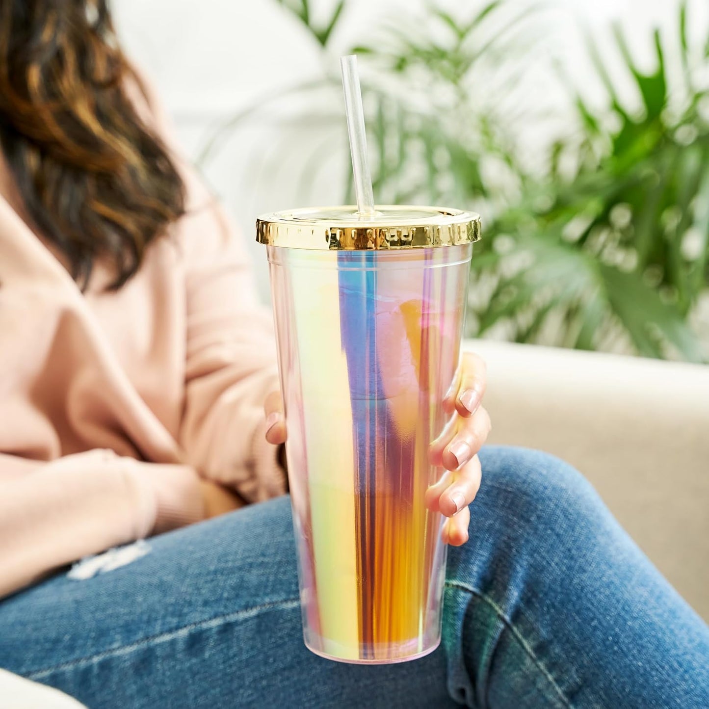 Blush Iridescent Cute Drink Tumbler | Reusable, Leak-Proof, Travel, Clear Plastic, Slim, Iced Coffee Cup with Silicone Seal, Screw-On-Lid, and Straw, 24oz