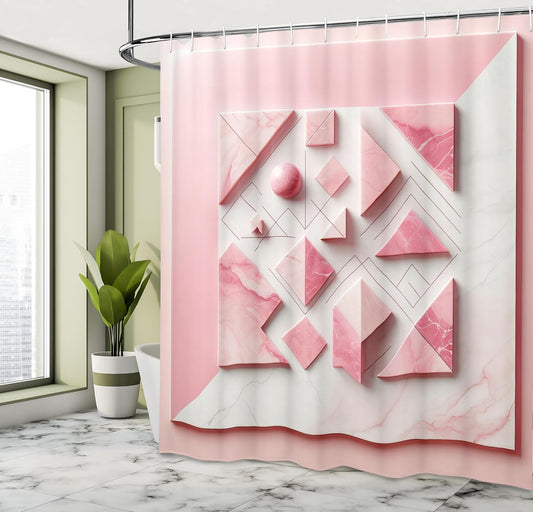 Ambesonne Pink Shower Curtain, Modern Abstract Monochromatic Geometric Triangle and Circular Shapes Marble Print, Cloth Fabric Bathroom Decor Set with Hooks, 69" W x 84" L, Pale Pink Rose