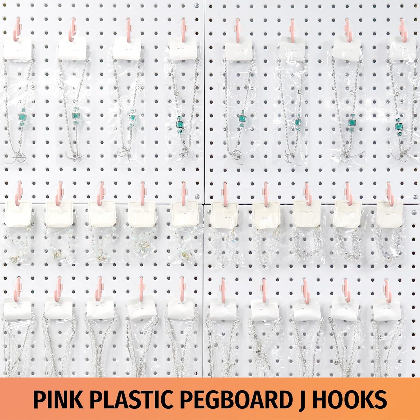 HUHOLE 100PC Pink J Shape Plastic Pegboard Hooks for 1/4 Inch Pegboards | Snap In Hooks with 15 lb Capacity for Jewelry, Crafts, Keys, Cables, Tools, Garage Organization and Retail