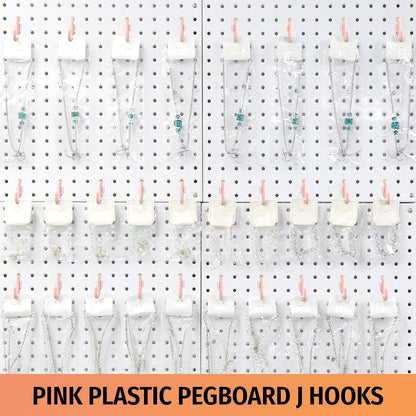 HUHOLE 100PC Pink J Shape Plastic Pegboard Hooks for 1/4 Inch Pegboards | Snap In Hooks with 15 lb Capacity for Jewelry, Crafts, Keys, Cables, Tools, Garage Organization and Retail