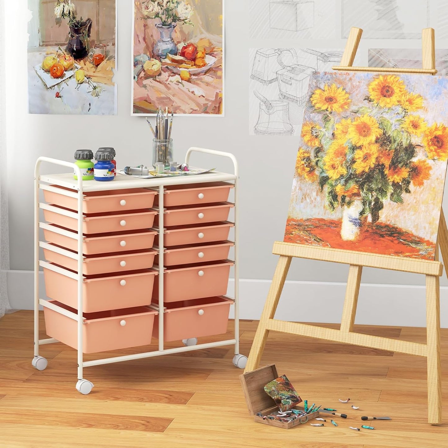 COSTWAY 12-Drawer Rolling Storage Cart, Moveable Art Craft Organizer W/Lockable Wheels, Metal Shelf, Files Arrangement Tools Makeup Storage Cart for Office, Home, School, Peach
