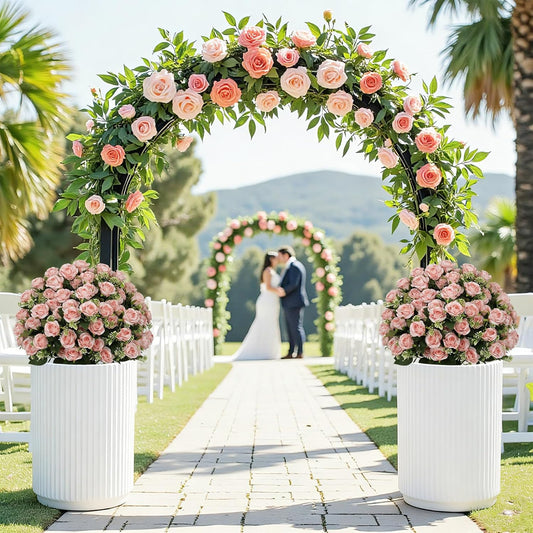 24” Artificial Flowers for Outdoors, Set of 2 Realistic Faux Pink Roses in Cement Pots, UV Resistant Fake Plants Look Real for Front Porch, Entryway & Indoor Spring Decor