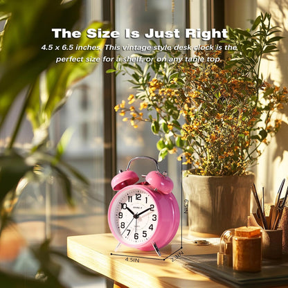 AYRELY® Super Loud Twin Bell Alarm Clock for Heavy Sleepers, 4-Inch Silent Non-Ticking Quartz with Backlight, Metal Cute Clock for Kids' Rooms (Pink)