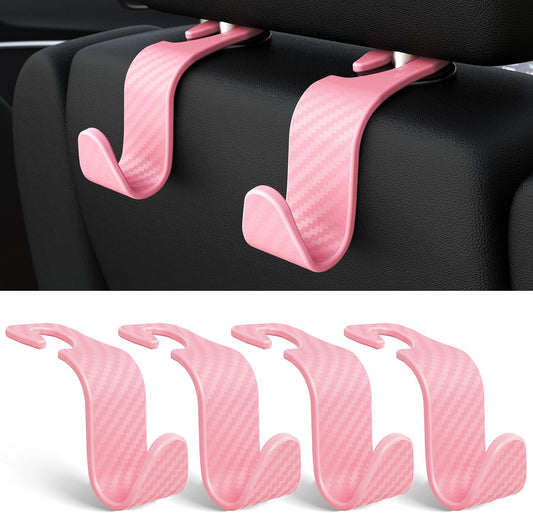 Amooca Car Seat Headrest Hook 4 Pack Hanger Universal Vehicle Car Storage Organizer for Handbag Purse Coat S Type Checkered Pink