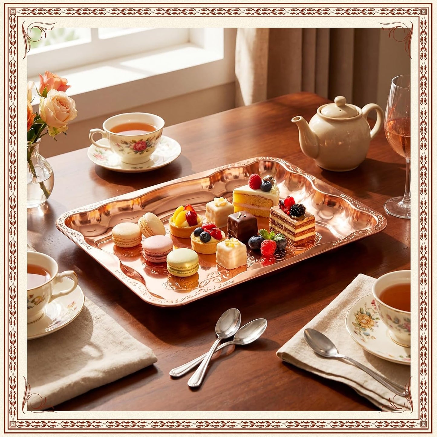 FoldTier 4 Pack Serving Trays Set for Party, Butterfly Floral Bronze Platter Engraved Mirror Tray, 15.8 x 11.6 Inches Elegant Metal Plate for Food Appetizer Cookies Desserts (Rose Gold)