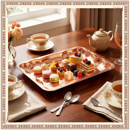 FoldTier 4 Pack Serving Trays Set for Party, Butterfly Floral Bronze Platter Engraved Mirror Tray, 15.8 x 11.6 Inches Elegant Metal Plate for Food Appetizer Cookies Desserts (Rose Gold)