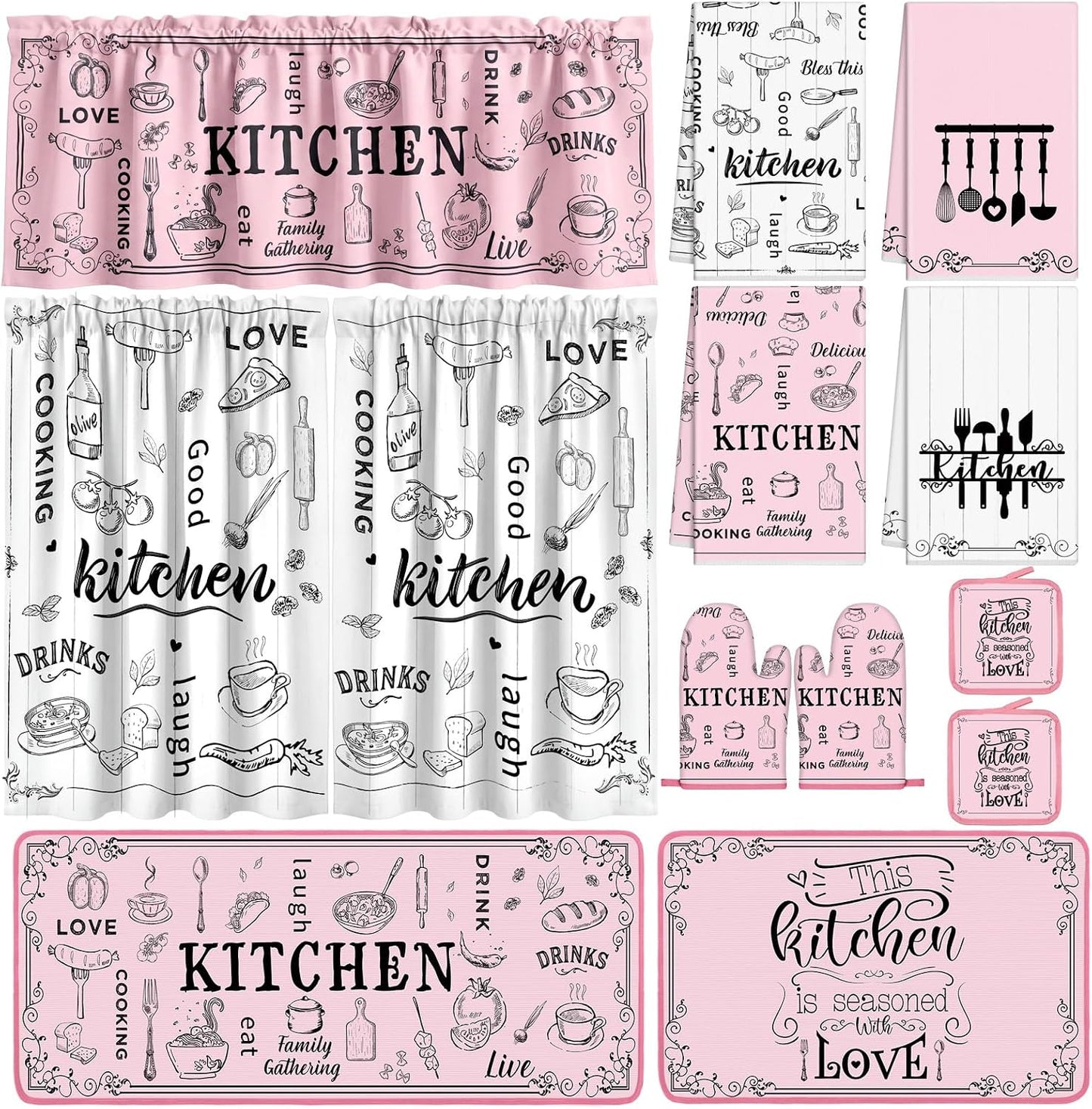 Fourluoo 13 Pcs Pink Kitchen Decor Set 4 Black Kitchen Towels 2 Cute Nonslip Rugs and Mats 3 Modern Curtains Valance 2 Pot Holders 2 Oven Mitts for Home Decoration Mom Cooking Grilling Gift
