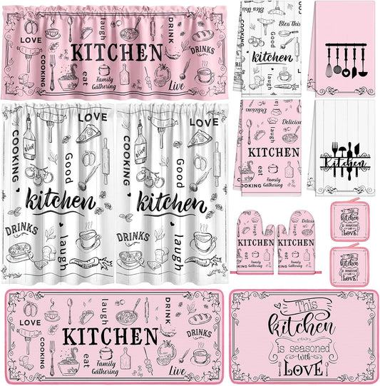 Fourluoo 13 Pcs Pink Kitchen Decor Set 4 Black Kitchen Towels 2 Cute Nonslip Rugs and Mats 3 Modern Curtains Valance 2 Pot Holders 2 Oven Mitts for Home Decoration Mom Cooking Grilling Gift