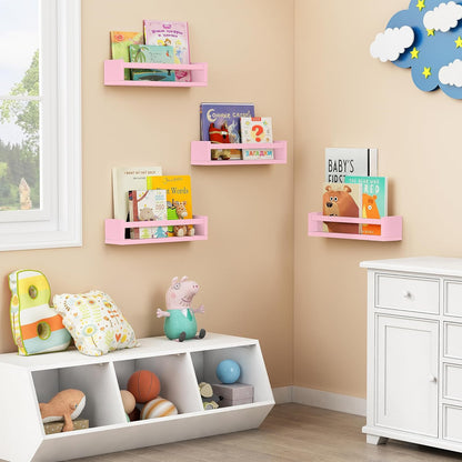 Forbena Pink Nursery Floating Shelves for Wall, Small Kids Wall Bookshelf for Baby Toddler Girls Room, Wood Nursery Hanging Book Shelves for Childrens Bedroom Toys Storage Organizer (Set of 4, Pink)