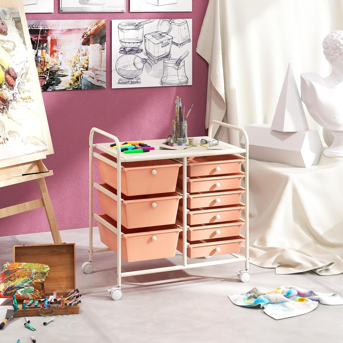 COSTWAY Rolling Storage Cart with 9 Drawer, Utility Cart with Metal Frame | Mobile Art Supply Craft Organizer, Multipurpose Storage Organizer for Paper, Office, School Teacher, Classroom, Peach