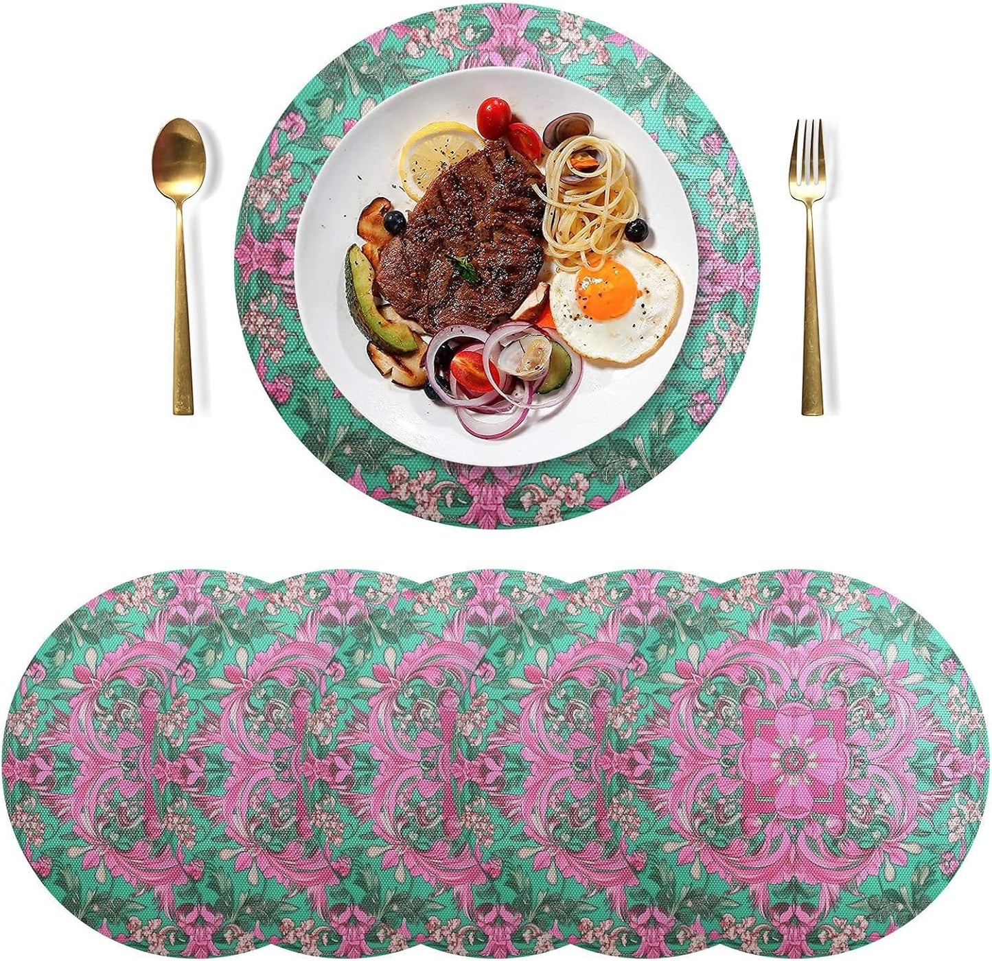 Retro Flower Pattern Peach and Green Round placemats Set Reversible Quilted placemats placemats Washable Plastic placemat with Plate placemats Easy to Clean Waterproof Round placemats Set of 6