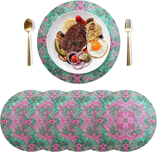 Retro Flower Pattern Peach and Green Round placemats Set Reversible Quilted placemats placemats Washable Plastic placemat with Plate placemats Easy to Clean Waterproof Round placemats Set of 6
