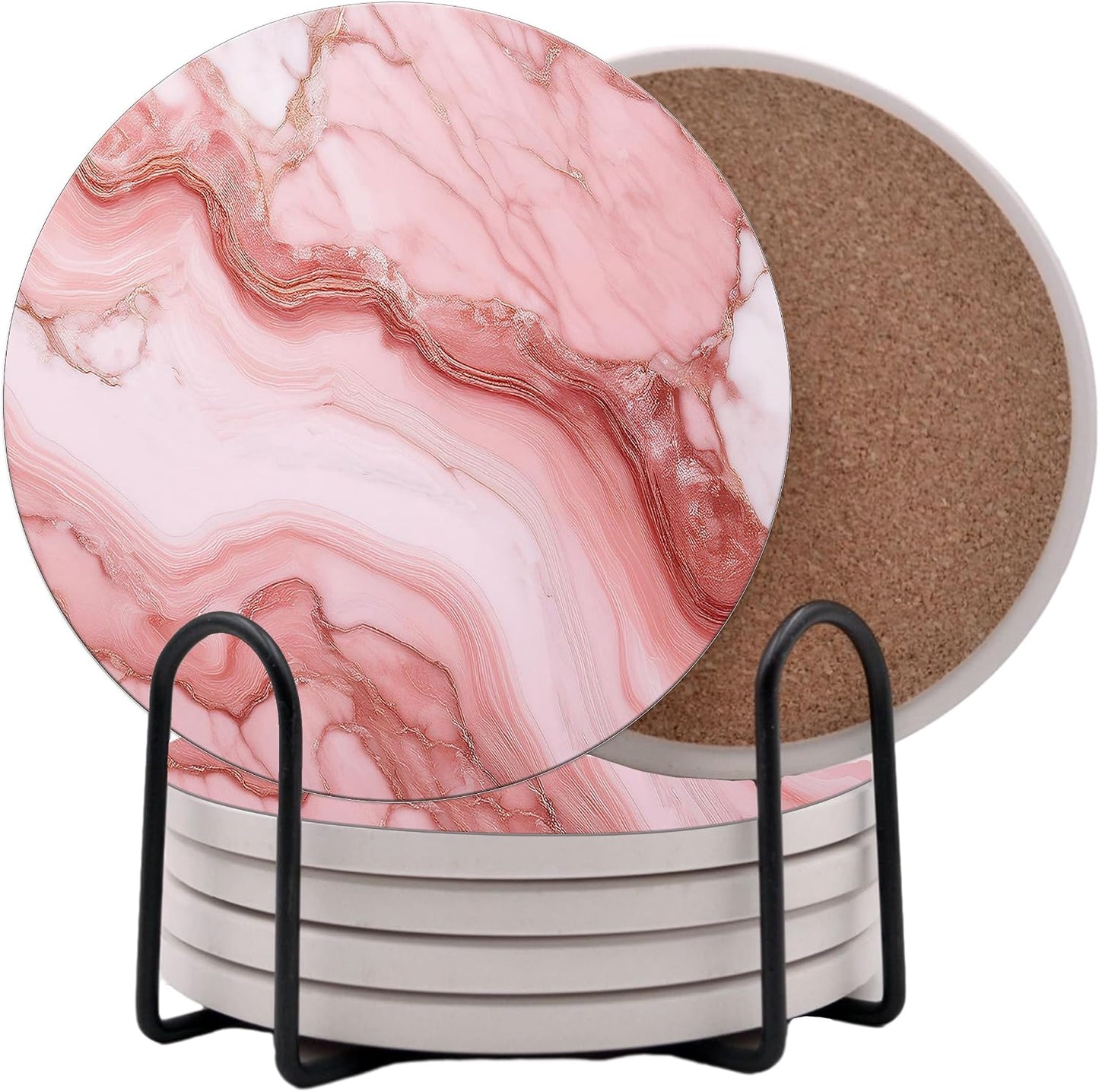 Pink Marble Round Coasters Set of 6 - Abosrbent Ceramic Coasters with Metal Stand for Drinks, Beer, Coffee, Non-Slip Cork Back for Tabletop Protection, 4 Inches (Pink 4)