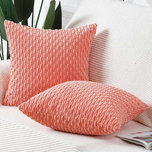MADIZZ Pack of 2 Corduroy Decorative Throw Pillow Covers 16x16 Inch Coral Soft Boho Striped Couch Throw Pillows for Bed Pillowcases for Sofa Livingroom Home Decor