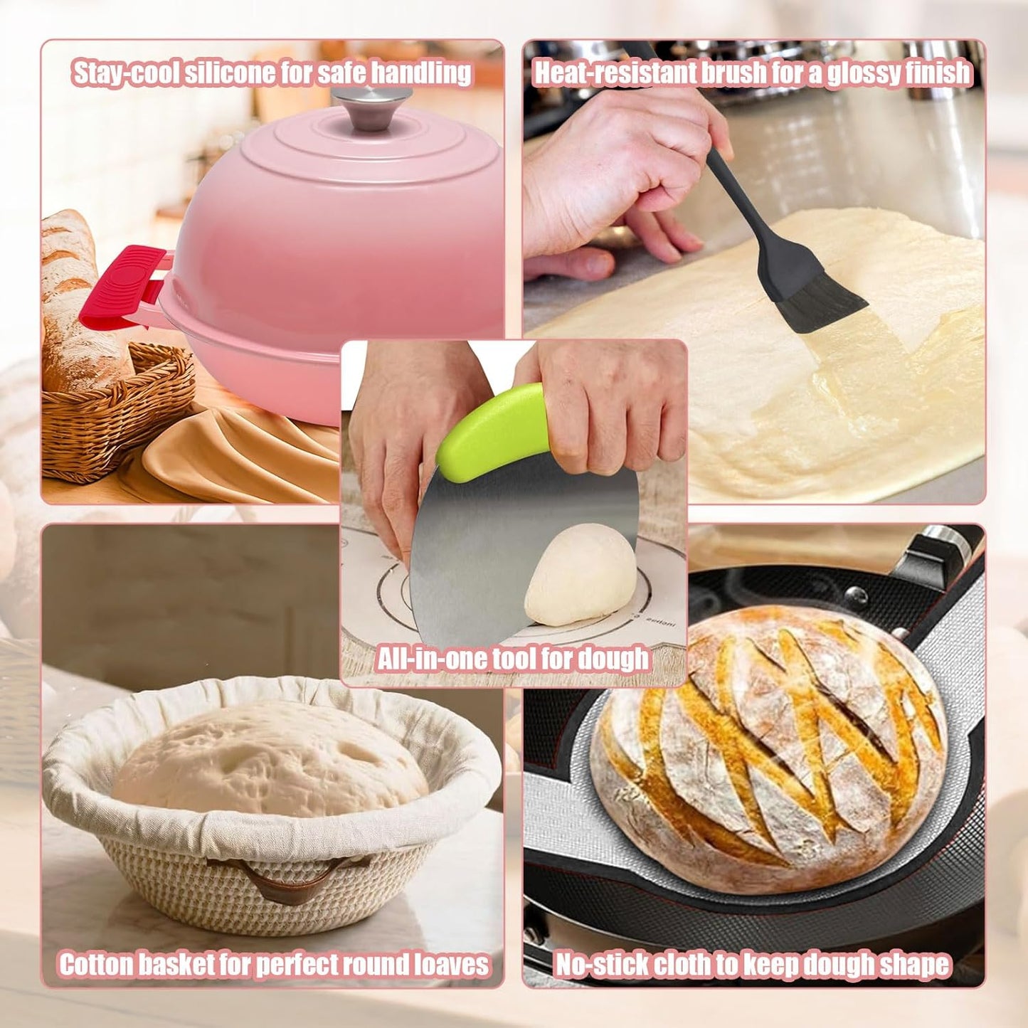 6QT Enameled Cast Iron Dutch Oven for Bread Baking – Sourdough Starter Kit with Cotton Basket, Bread Sling, Lame, Brush & Handle Cover – Multi-Purpose Pot for Baking, Frying, Braising – Pink
