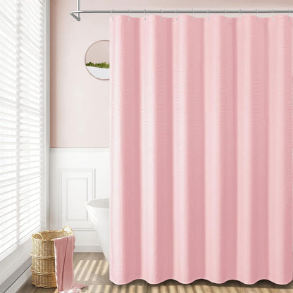 Dynamene Pink Fabric Shower Curtain - Waffle Weave Textured Heavy Duty Cloth Shower Curtains for Bathroom, 256GSM Hotel Luxury Weighted Bath Curtain Set with 12 Hooks,72x72, Pink