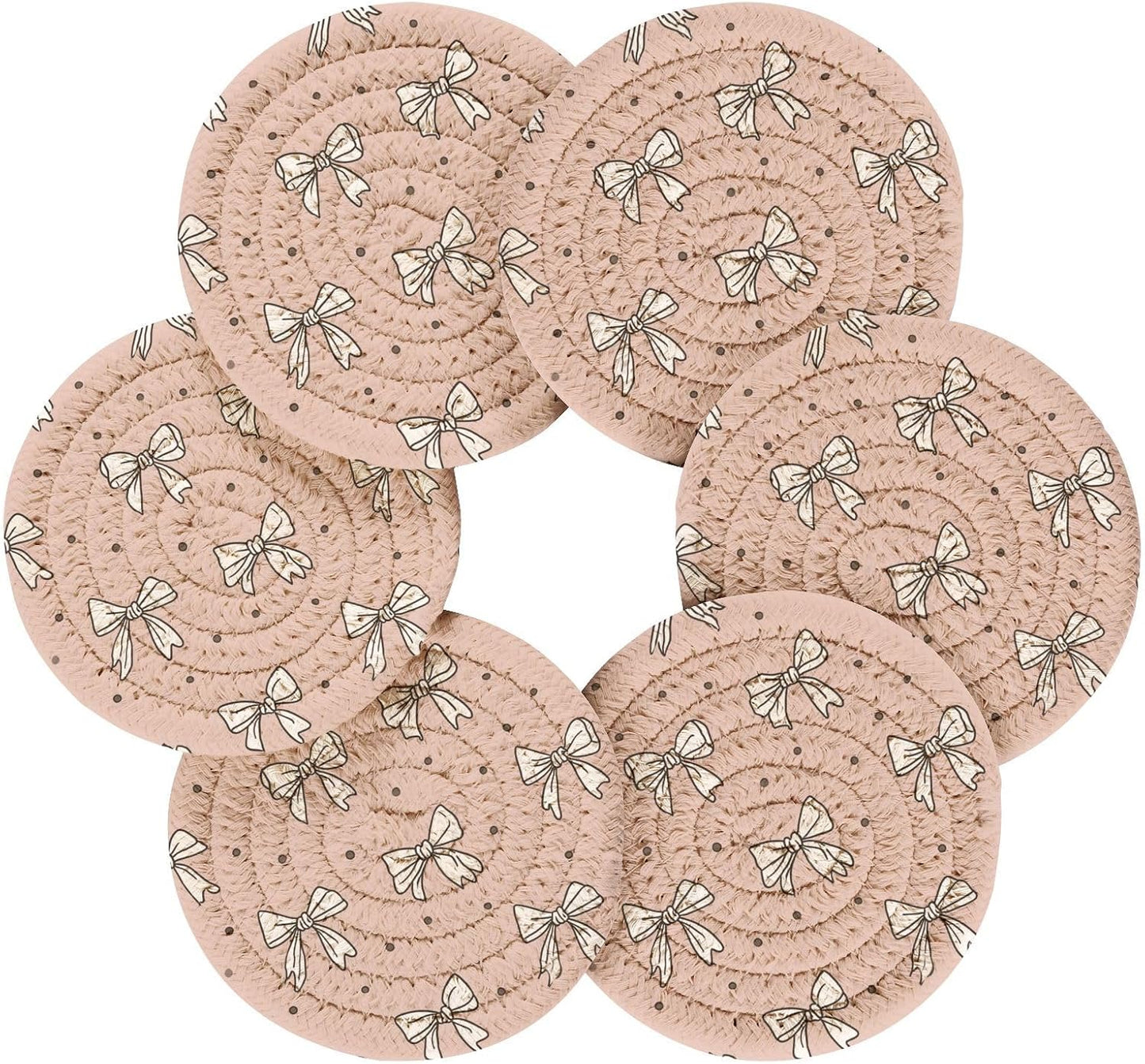 Bar Coasters for Drink with Holder Cute Bow Light Pink Cute Coaster Set of 6 Cotton Woven Coaster for Coffee Table, Bistro Tabletop,Kitchen Home Decor