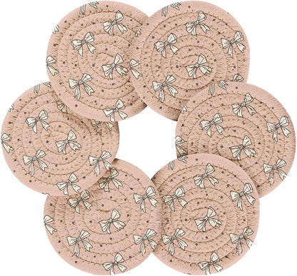 Bar Coasters for Drink with Holder Cute Bow Light Pink Cute Coaster Set of 6 Cotton Woven Coaster for Coffee Table, Bistro Tabletop,Kitchen Home Decor